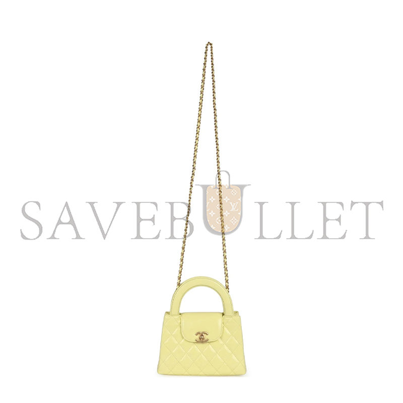 Ch*el kelly yellow shiny calfskin brushed gold hardware as4416 (19*13*7cm)
